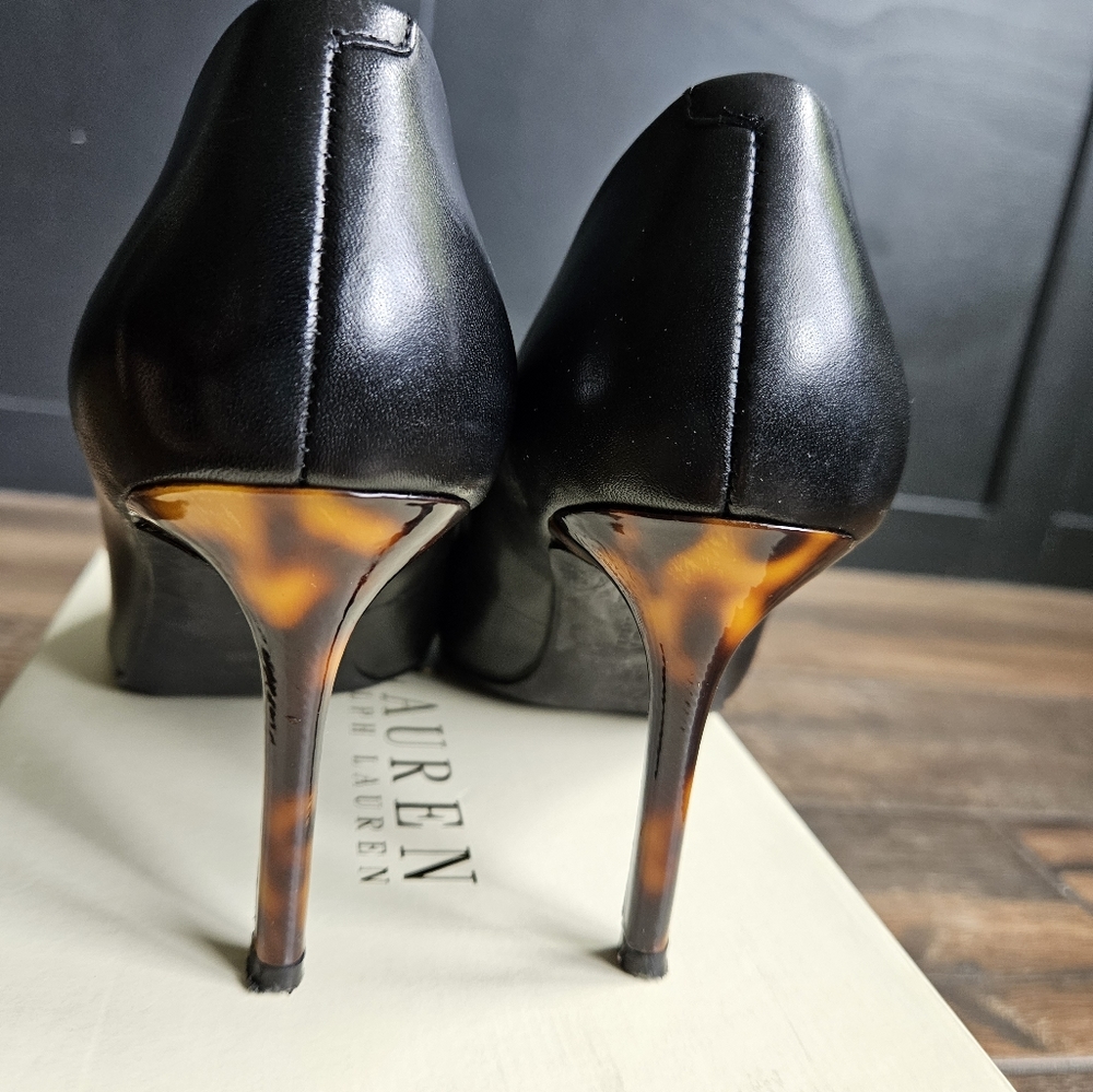 Ralph Lauren  Black Leather pumps stilleto heel vachetta 6.5B tortoise